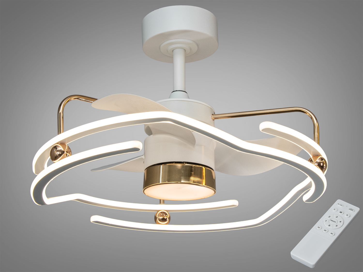 Стельова LED люстра‑вентилятор 130 Вт з пультом. Регулювання колірної температури, білий+золото, рекомендовано для кімнат до 22 м².
