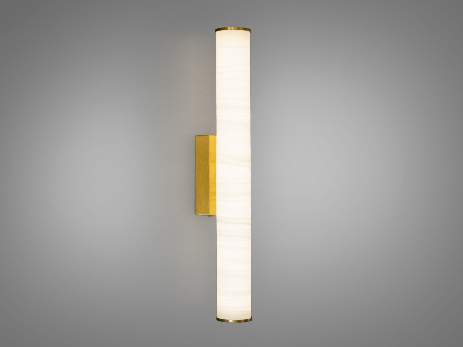 Вертикальний настінний світильник з циліндричним акриловим плафоном білого кольору, металеве кріплення золотистого кольору, підходить для сучасного інтер′єру.