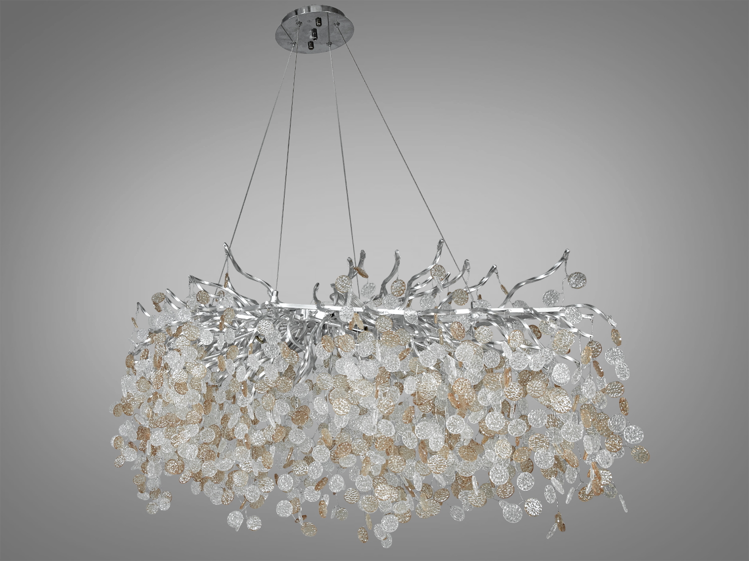 Центральна частина люстри складається з безлічі гілочок, що нагадують природні форми, і виготовлені з алюмінію, покритого хромом.