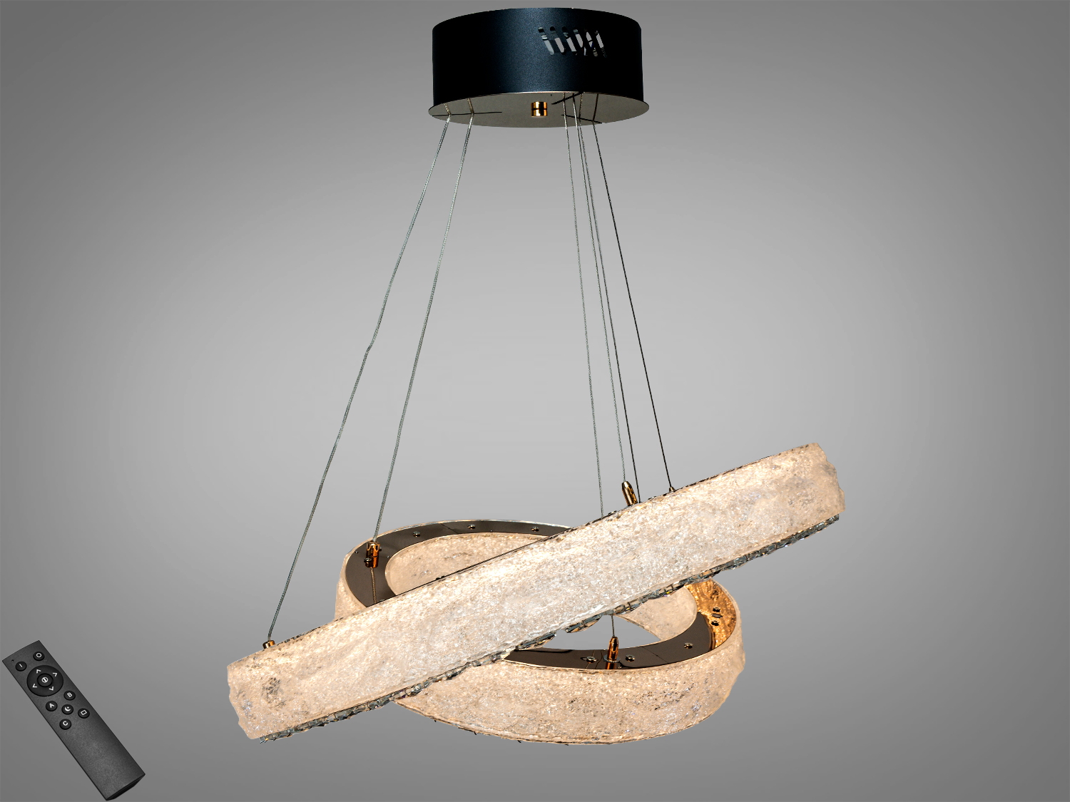 Підвісний світильник з двома кільцями, що перетинаються, з дистанційним керуванням. Підходить для сучасних інтер′єрів.