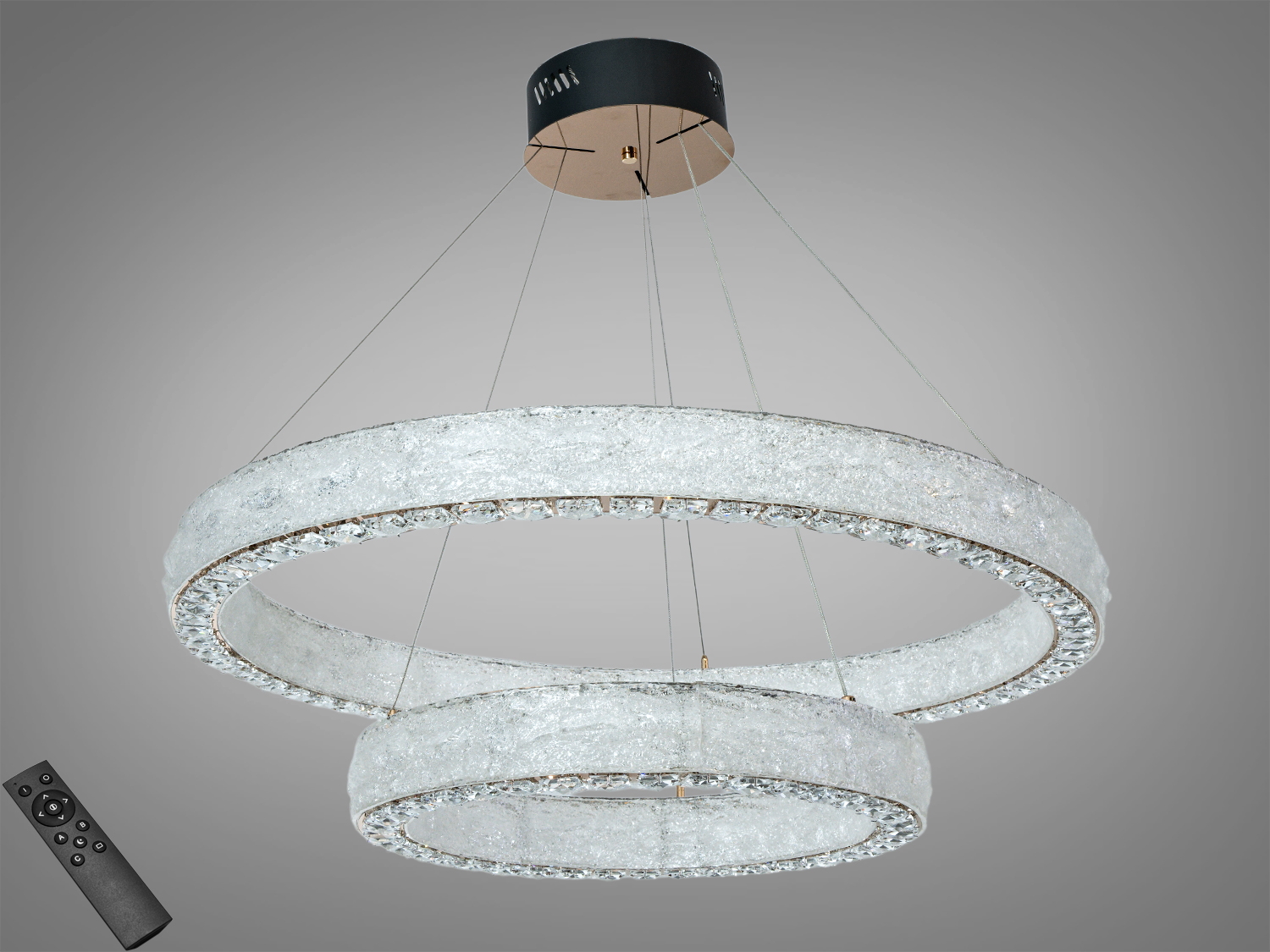 Підвісна LED-люстра 2 кільця, золото, 142 Вт, ~7810 лм. Три режими 3200К/4100К/6500К, пульт + настінний вимикач, регульована висота, акрил + кришталь, до 24 м².