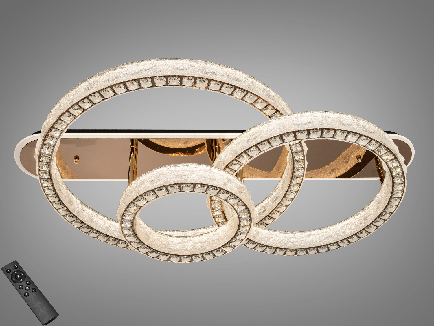 Стельова LED-люстра Diasha, 200W, золото. Три акрилові кільця з кришталевими вставками, димування з пульта, режими 3200К/4100К/6500К. Для кімнат до ~34 м².