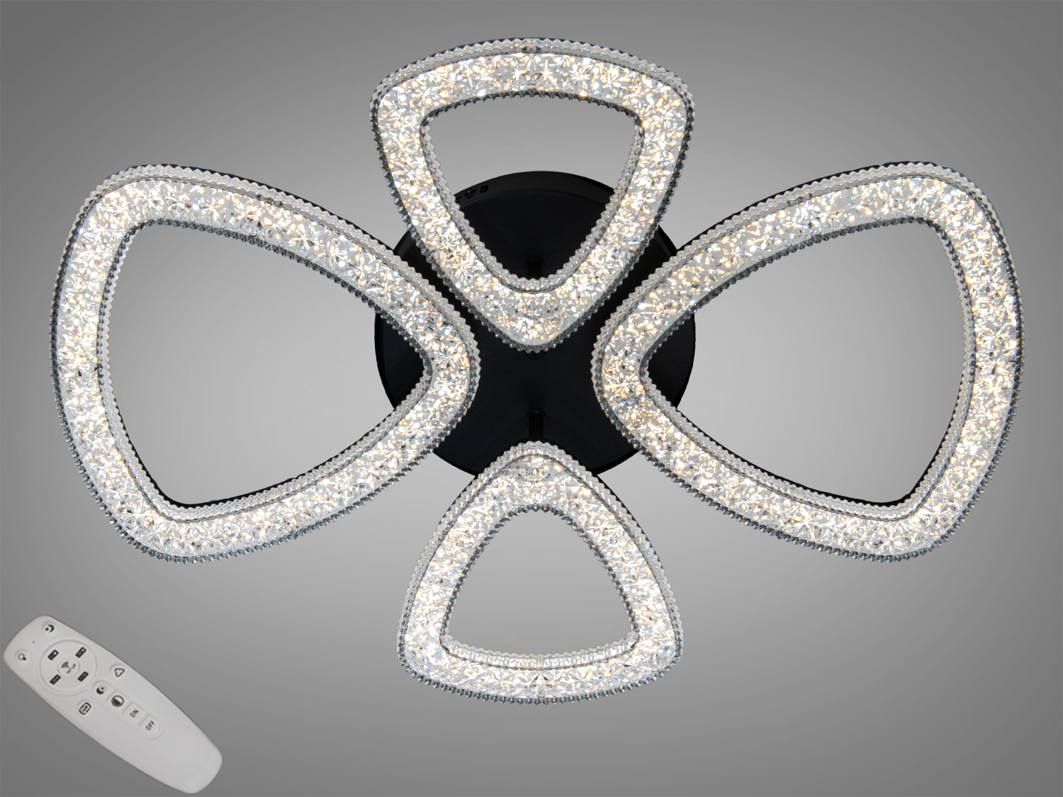 Світильник з трикутними елементами, оздобленими кристалами, та пультом дистанційного керування. Підходить для сучасного інтер′єру.