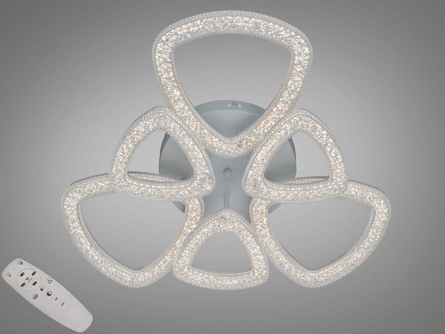 Стельова LED люстра 75W з пультом у білому кольорі. 6 модулів, освітлення до 12 м², регулювання яскравості та теплого–холодного світла.