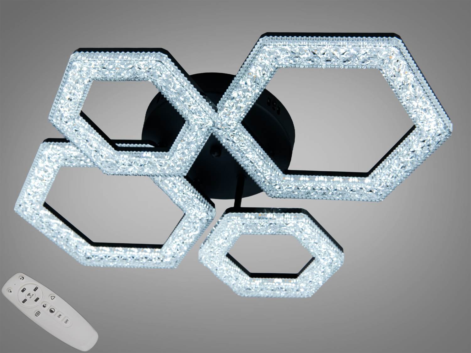 Біла стельова LED люстра 75 W із 6 модулями та пультом. Регулювання яскравості, рівномірне освітлення площі до 13 м², метал + акрил.