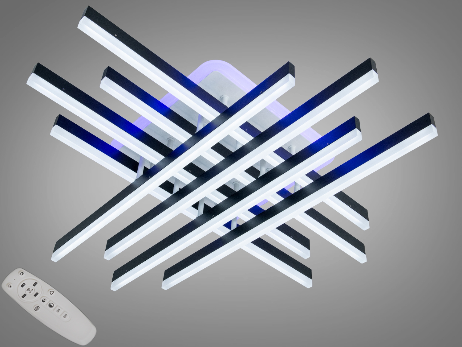 Стельова LED люстра Diasha чорна, 136 Вт, 8 модулів. Пульт, димер та підсвітка основи для кімнат до близько 24 м². Сучасний дизайн з перехрещеними лініями.