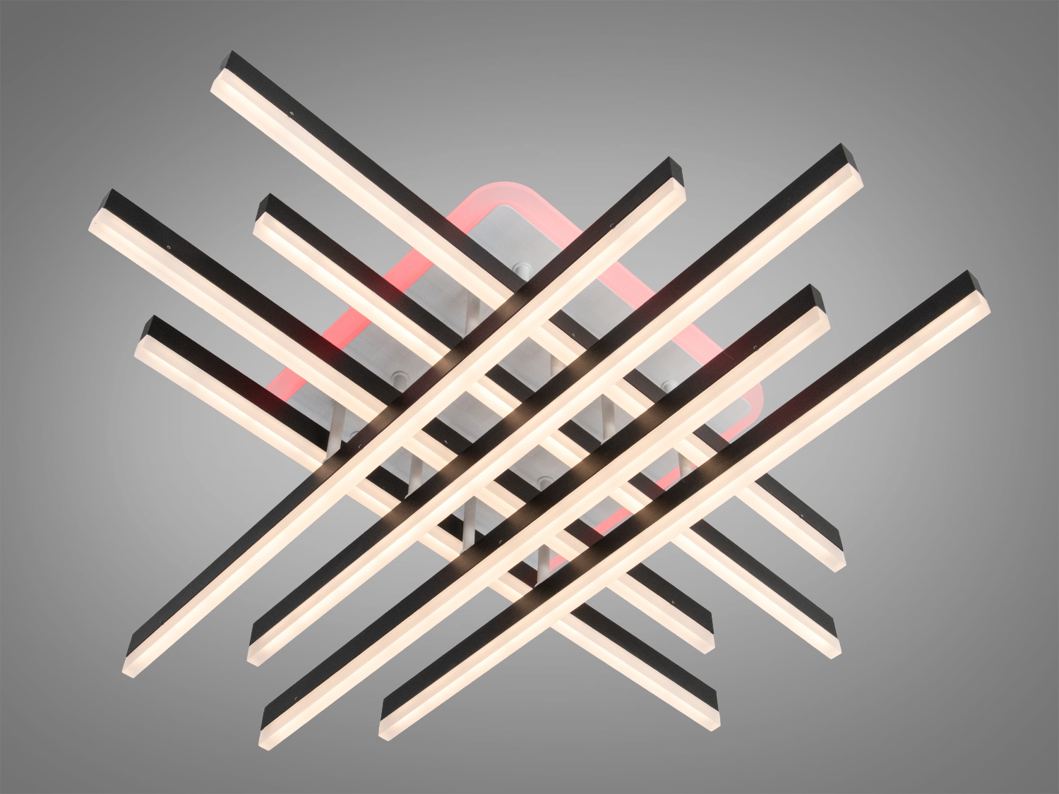 Світильник з перехрещеними лініями та червоним підсвічуванням. Ідеально для яскравих просторів.
