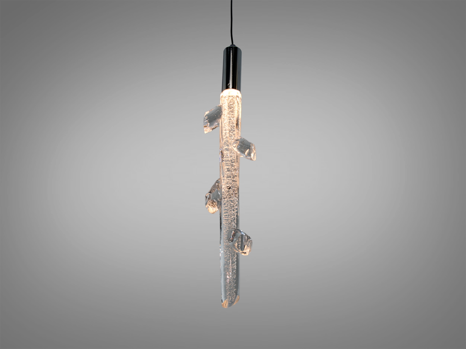Сучасний підвісний світильник з ефектом льоду, виконаний із кришталю, підвішується на тонкому дроті.