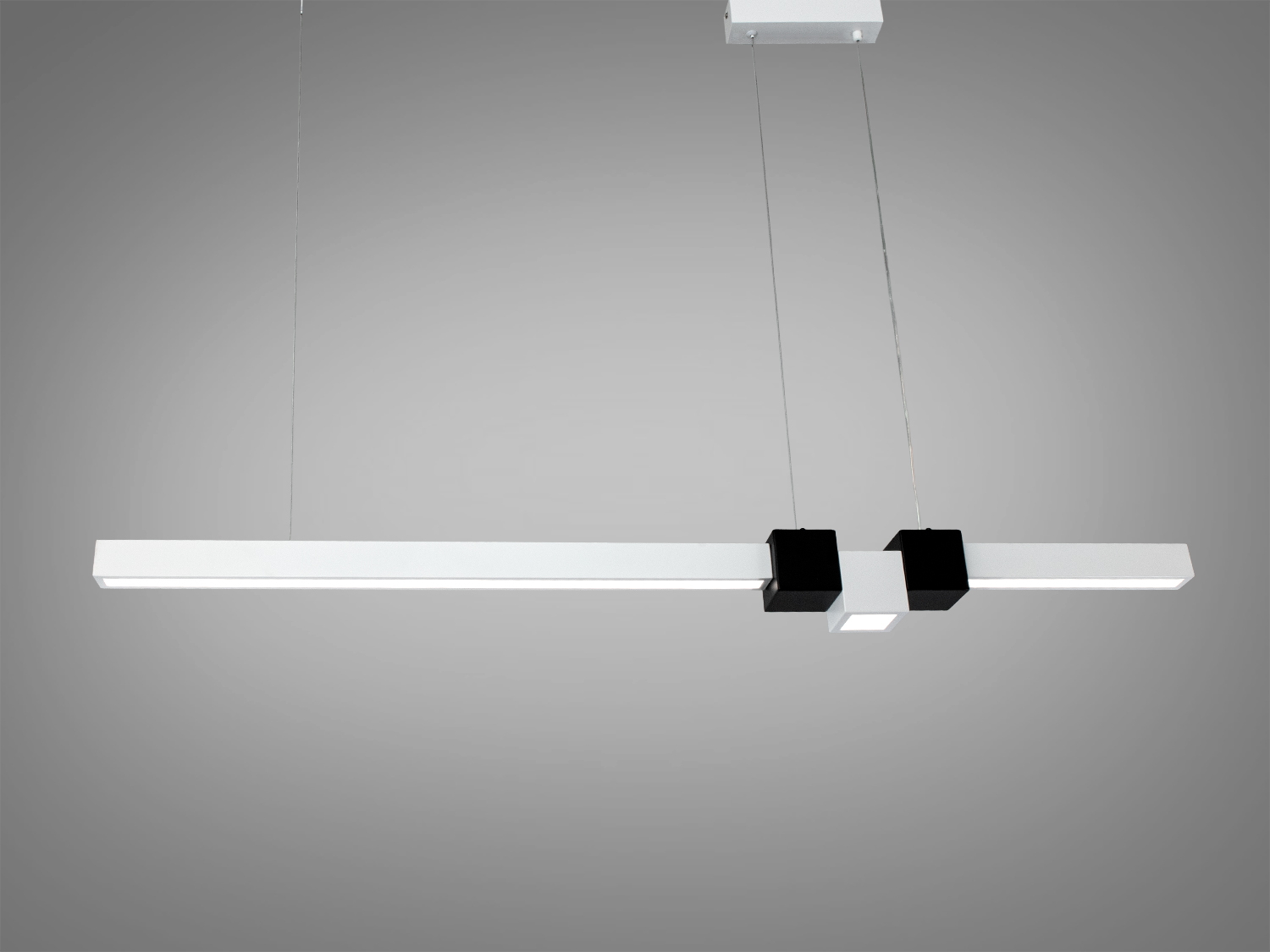 Підвісний світильник з прямокутною формою, білим корпусом і чорними деталями, підходить для офісного інтер′єру.