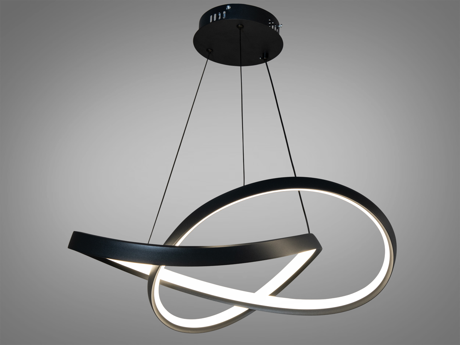 Підвісний світильник у формі нескінченності з чорного металу та світлодіодами для сучасного інтер′єру.