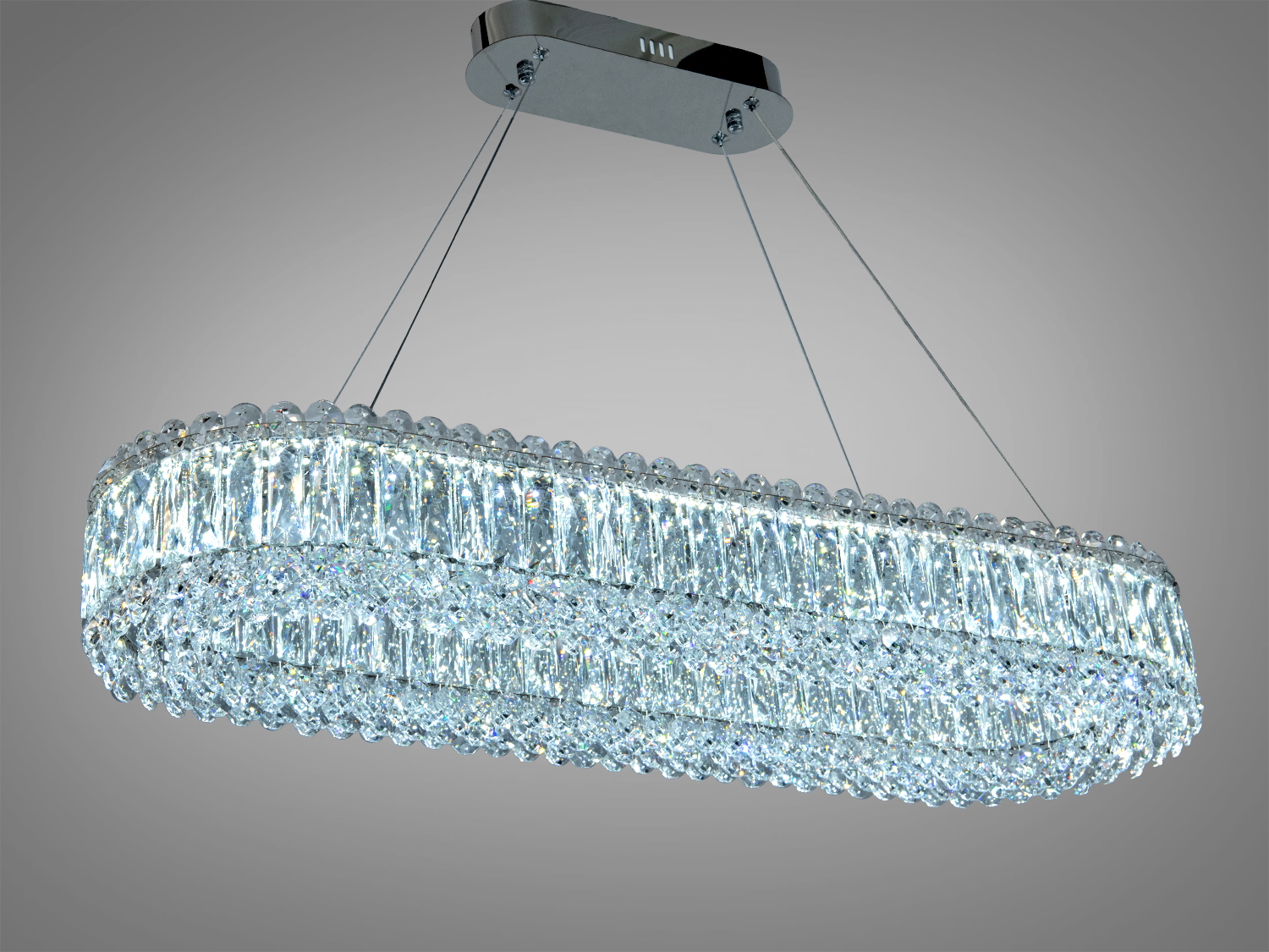 Кришталевий підвісний світильник з холодним світлом, підходить для сучасних інтер′єрів. Встановлюється на стелю за допомогою тросів.