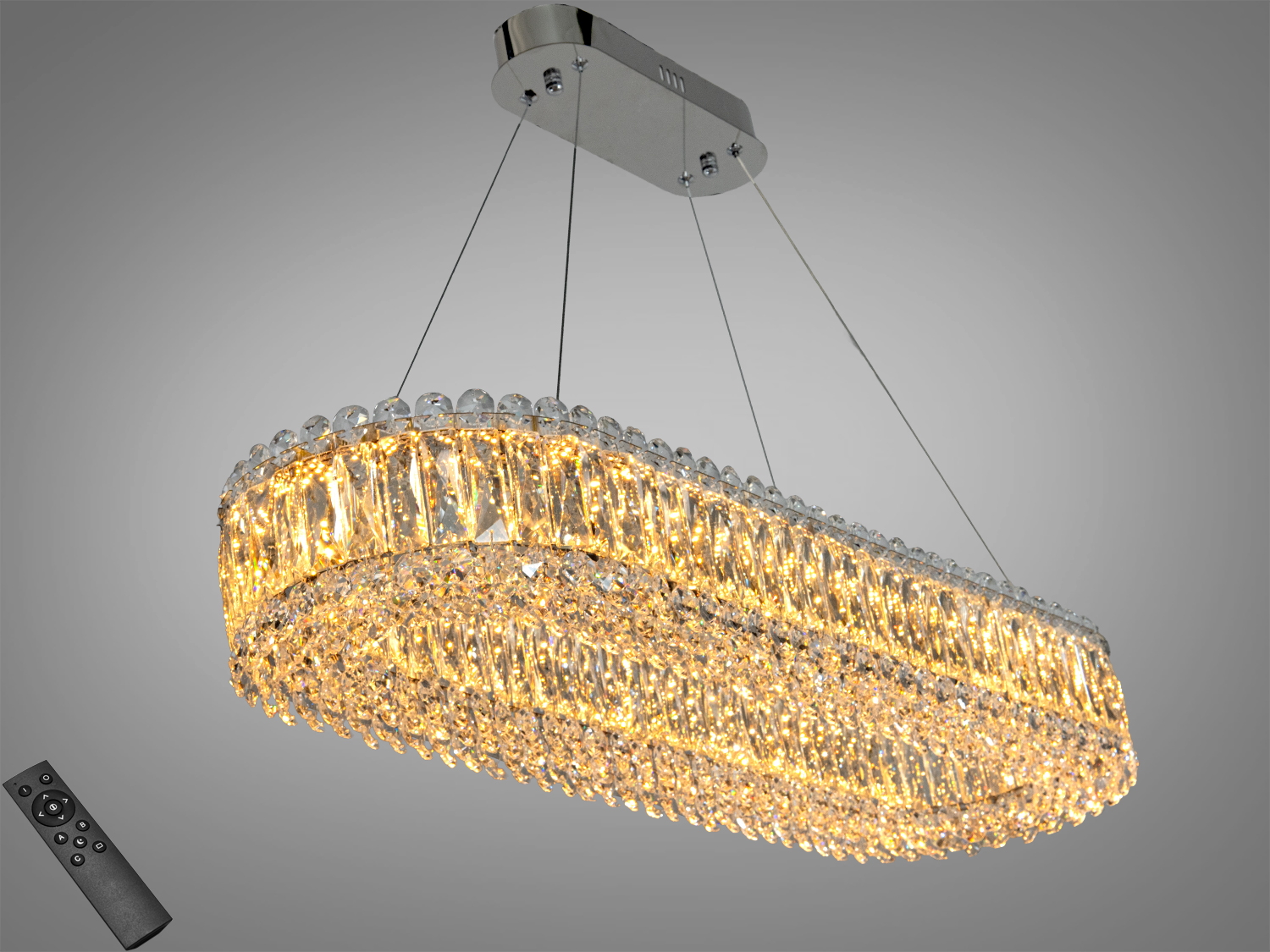 Кришталева підвісна люстра Diasha 68 Вт у хромі з пультом. Овальна форма, регульована висота, м’яке рівномірне світло для приміщень до 12 м².