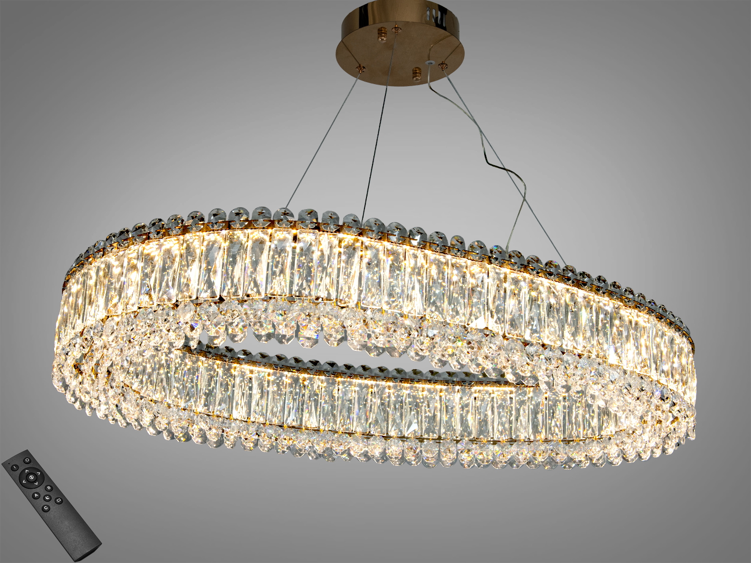 Кришталева люстра овальної форми з дистанційним управлінням, підвішена на металевому кріпленні, підходить для сучасного інтер′єру.