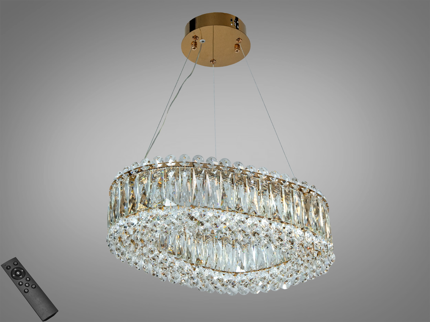 Світлодіодна кришталева підвісна люстра 46 Вт у золоті, овальна форма, керування з пульта. Орієнтовне освітлення до 8 м² — для вітальні, спальні чи їдальні.