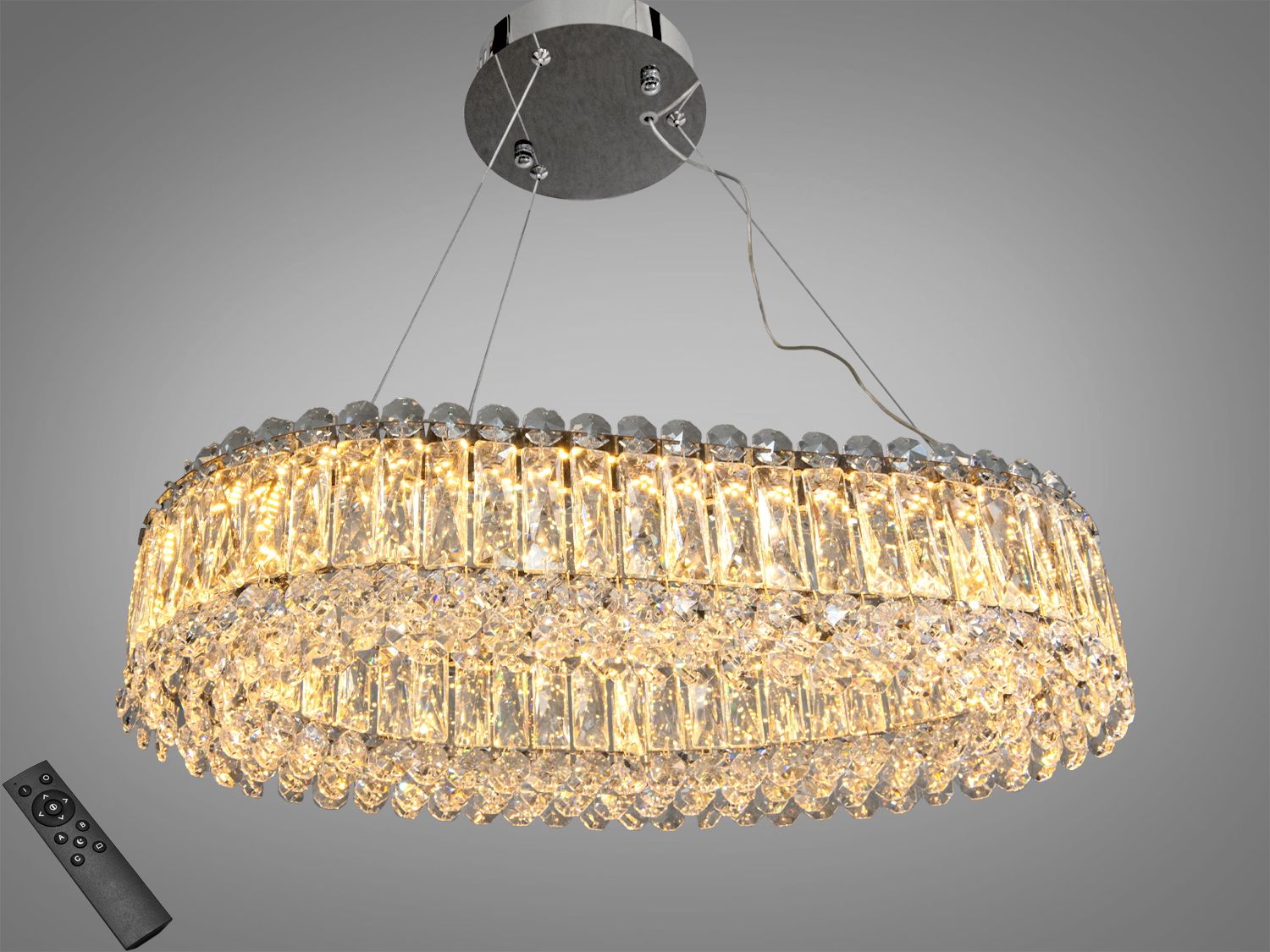 Овальна кришталева підвісна LED люстра 50 Вт у хромі з пультом. Для освітлення до 9 м²: вітальня, спальня, їдальня. Вбудовані світлодіоди, підвіс на тросах.