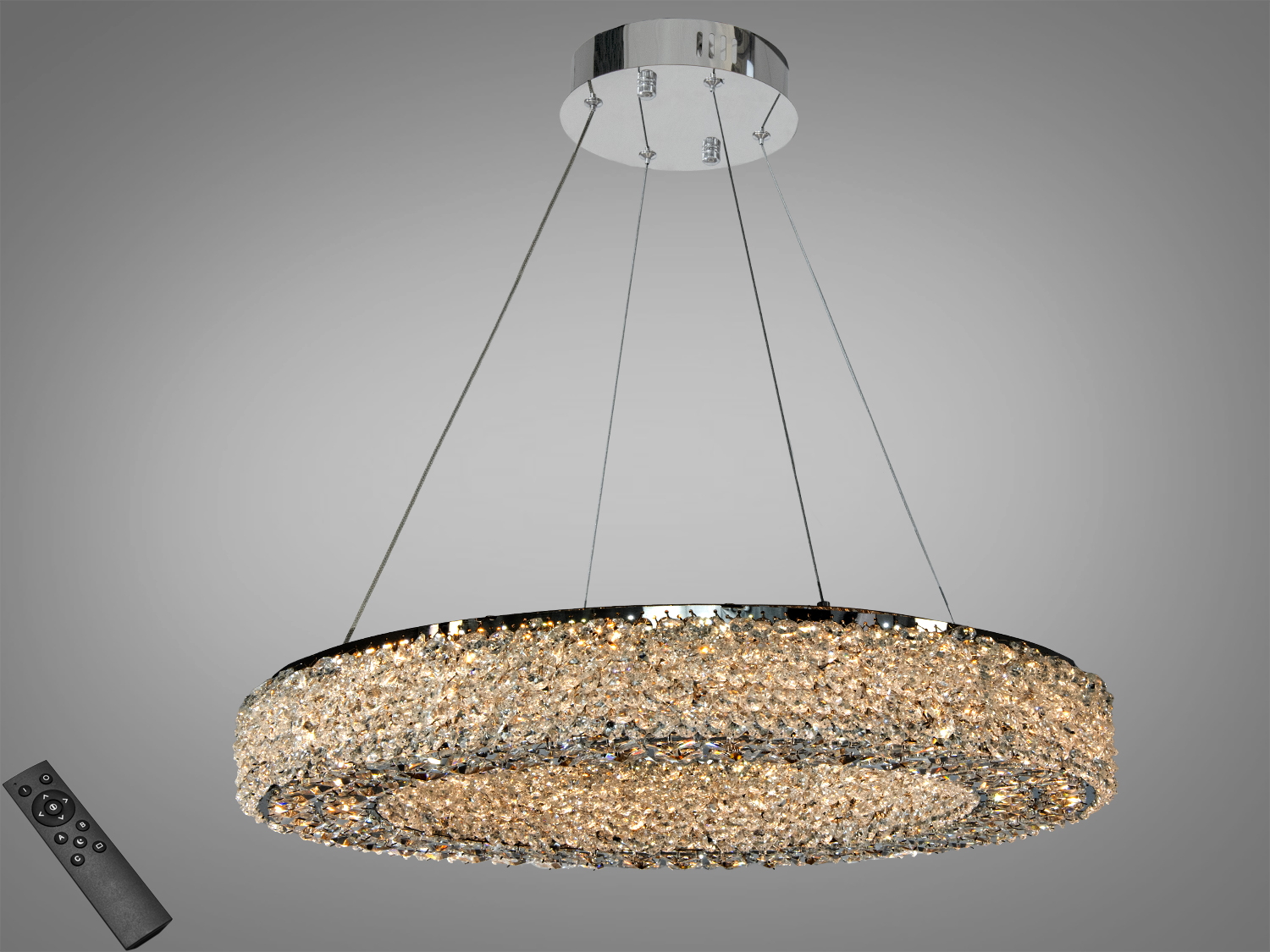 Кришталева підвісна LED люстра 55 Вт у хромі з пультом для регулювання яскравості. М′яке сяйво, форма кільця, підходить для кімнат до ~10 м².