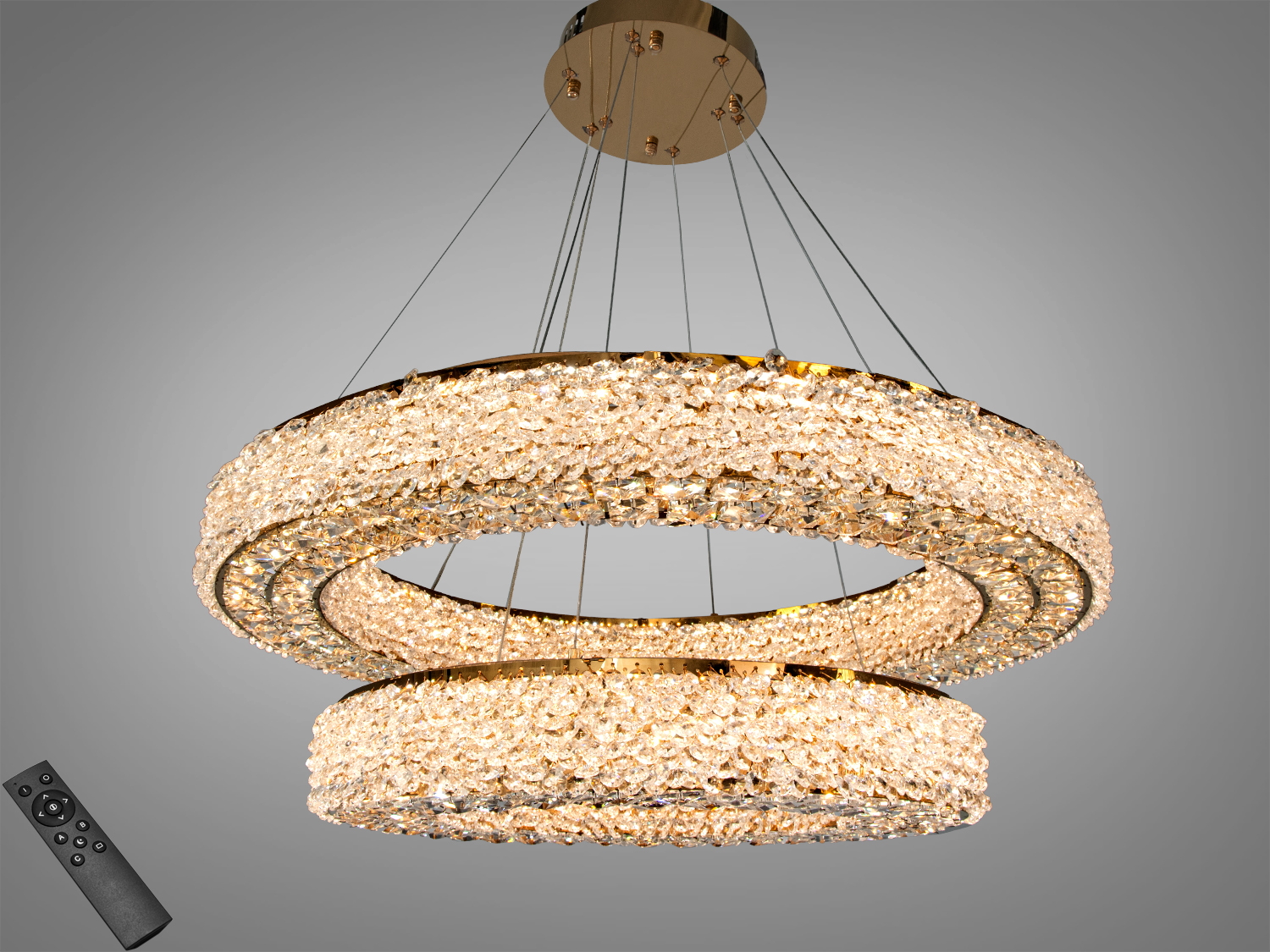 Кришталева підвісна LED-люстра Diasha в кольорі золото з двома кільцями та пультом. Потужність 126 Вт — освітлення приміщень до ≈21 м².