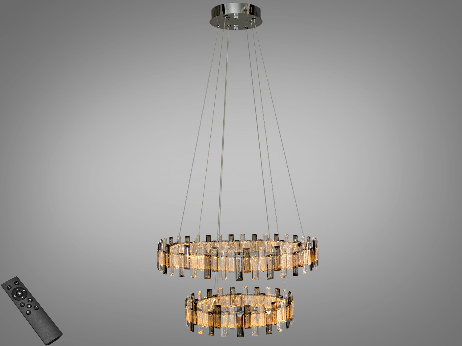 Підвісна люстра з двома кільцями, виготовленими з кришталю, з дистанційним управлінням. Ідеально підходить для сучасних інтер′єрів.