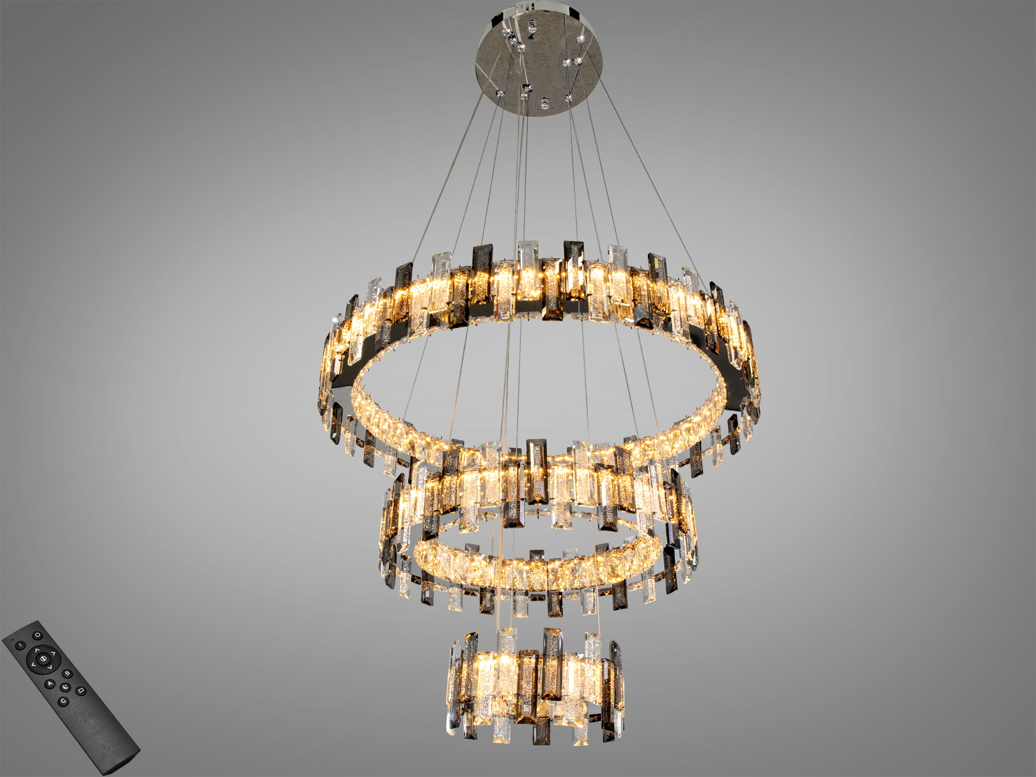 Кришталева підвісна LED люстра з трьома кільцями, хром, 70 Вт. Дистанційне регулювання яскравості, розрахована на приміщення до близько 12 м².