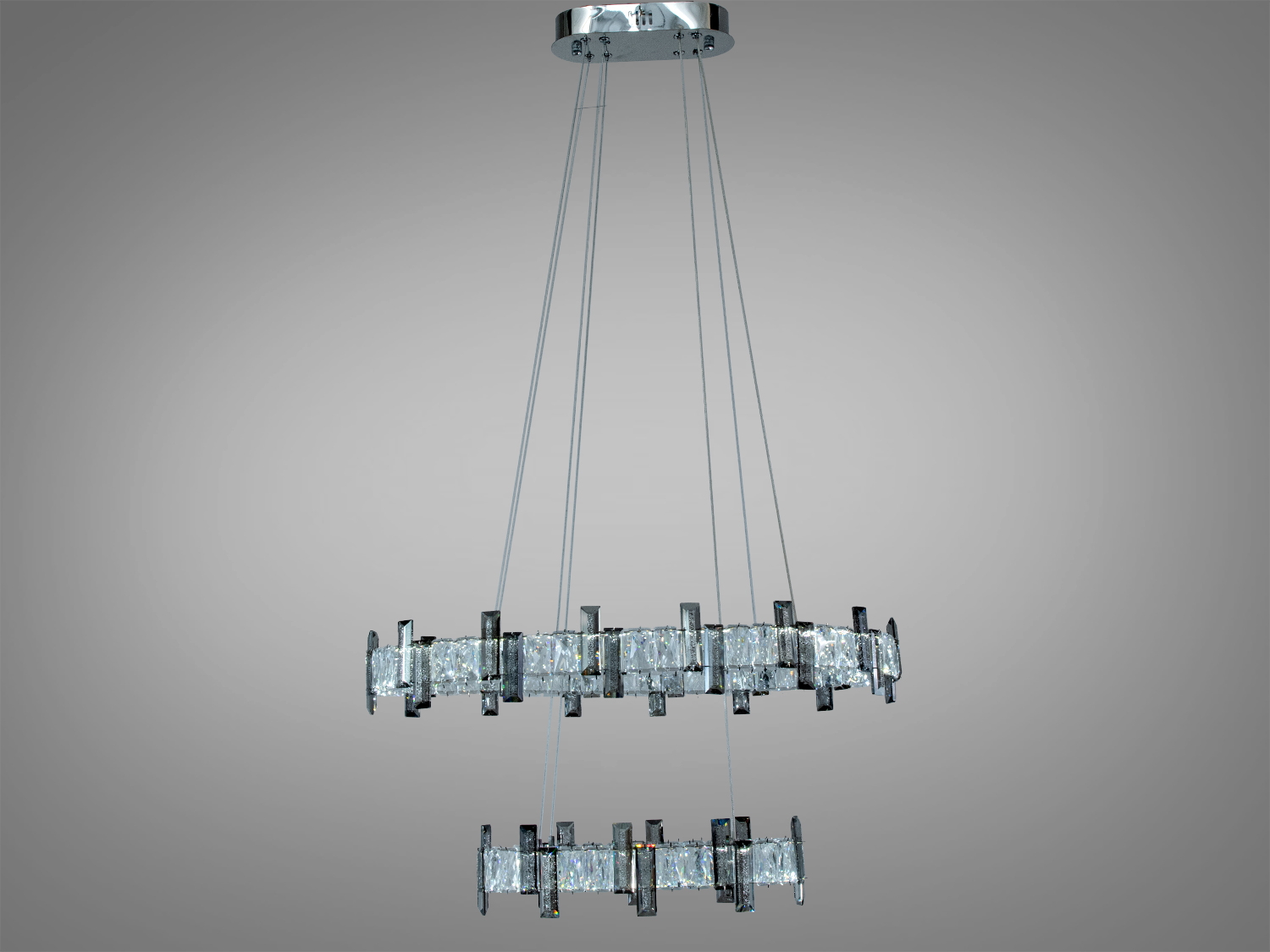 Підвісна люстра з металевим каркасом, кругла форма, кришталеві вставки. Підходить для високих стель.