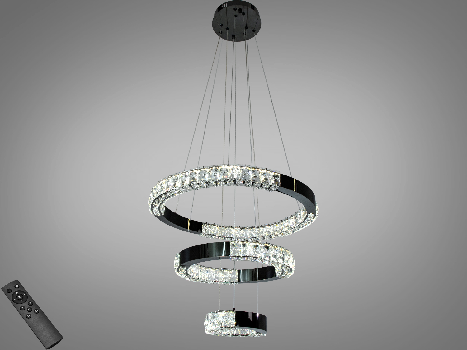 Підвісна люстра з двома кільцями, прикрашеними кристалами. Має дистанційне керування для зміни яскравості.