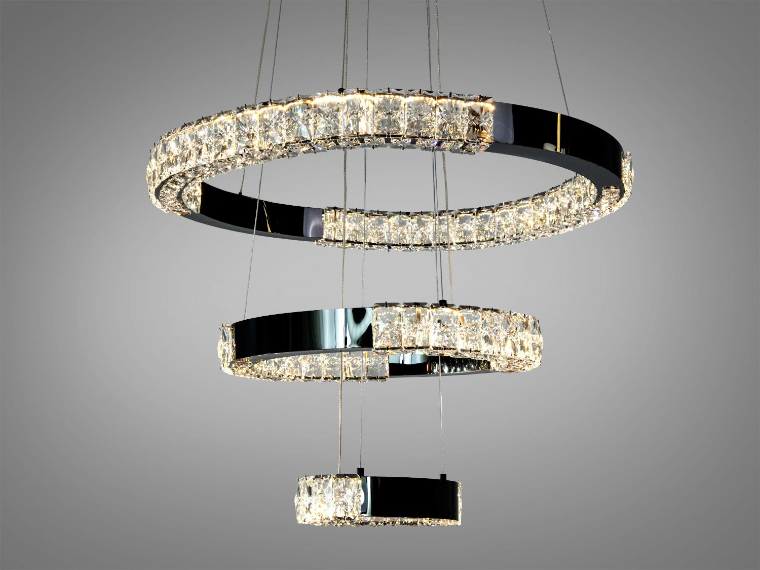 Люстра з двома кільцями, підвішена на тонких тросах. Ідеально підходить для сучасного інтер′єру.