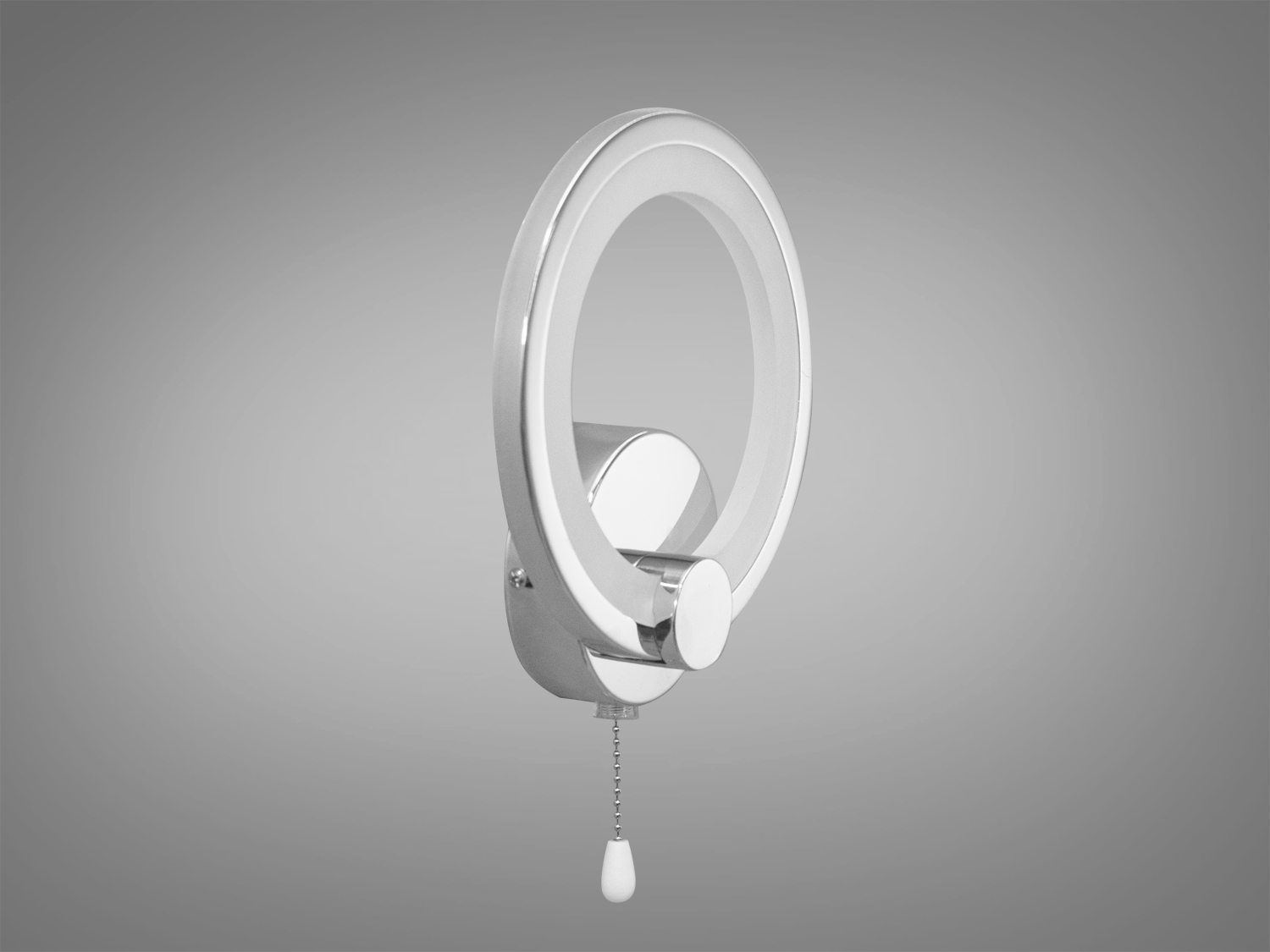 Настінний світильник з круглим дизайном і хромованою обробкою. Підходить для сучасних інтер′єрів, має зручний вимикач на ланцюжку.