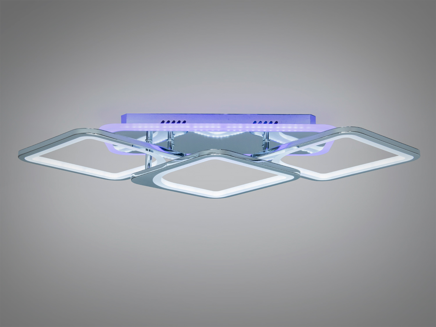 Стельовий світильник з чотирма квадратними LED-елементами, синє підсвічування, підходить для монтажу в офісах або житлових приміщеннях.
