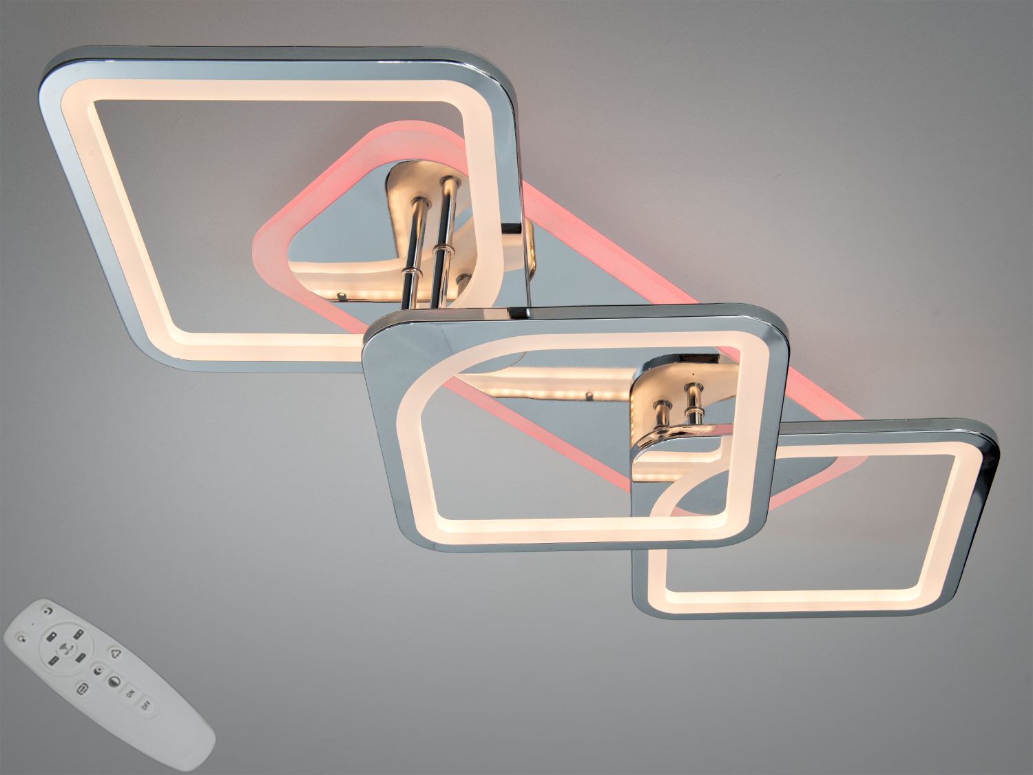 Стельова LED-люстра 8060 хром з пультом: 81 Вт, диммування, теплий–нейтральний–холодний білий, три квадратні модулі та триколірна підсвітка для кімнат до ~14 м².