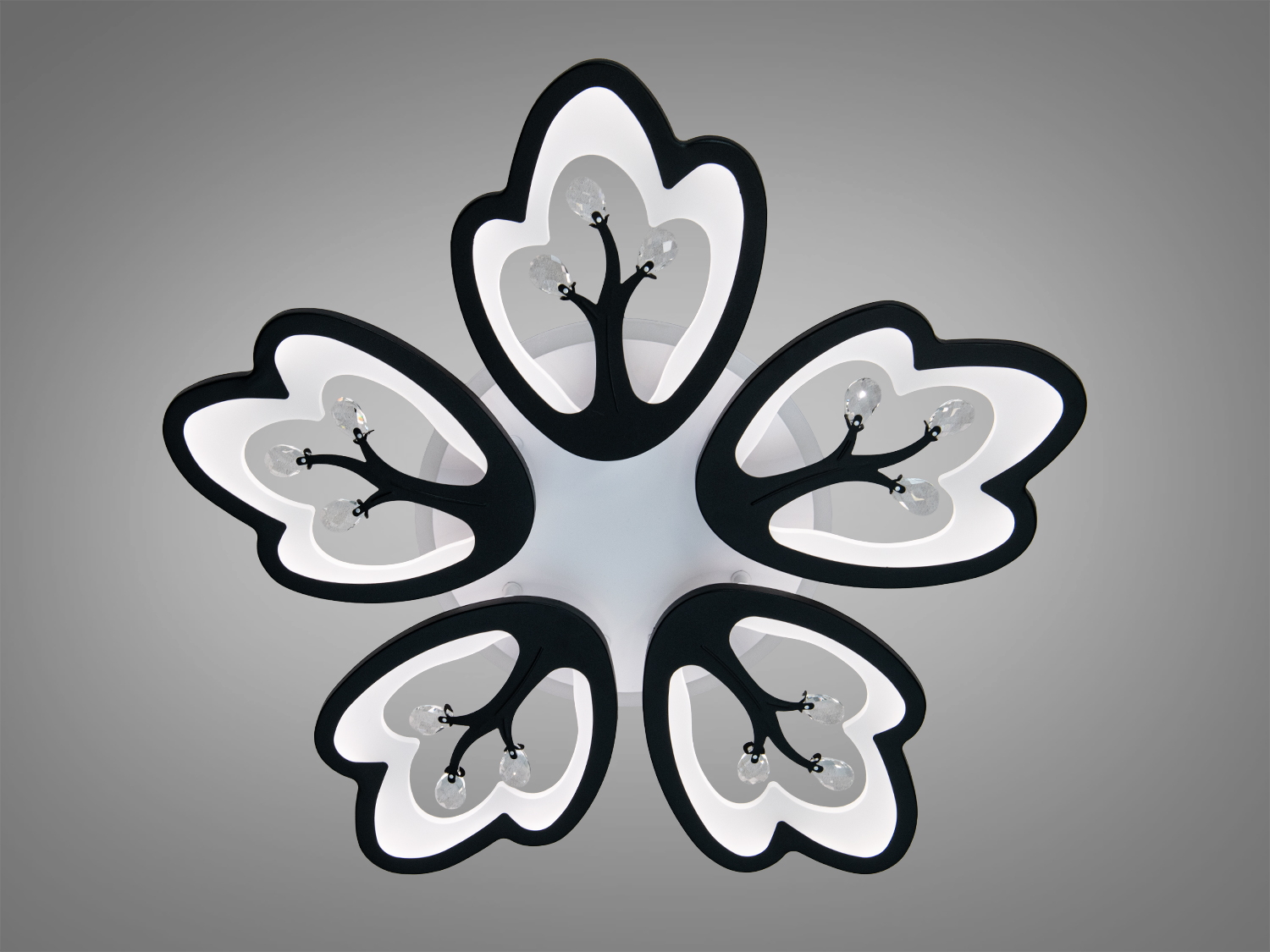 П′ятипелюстковий світильник з білим світлом, чорні контури, кристалічні елементи, підходить для інтер′єрів з акцентом на стильний дизайн.