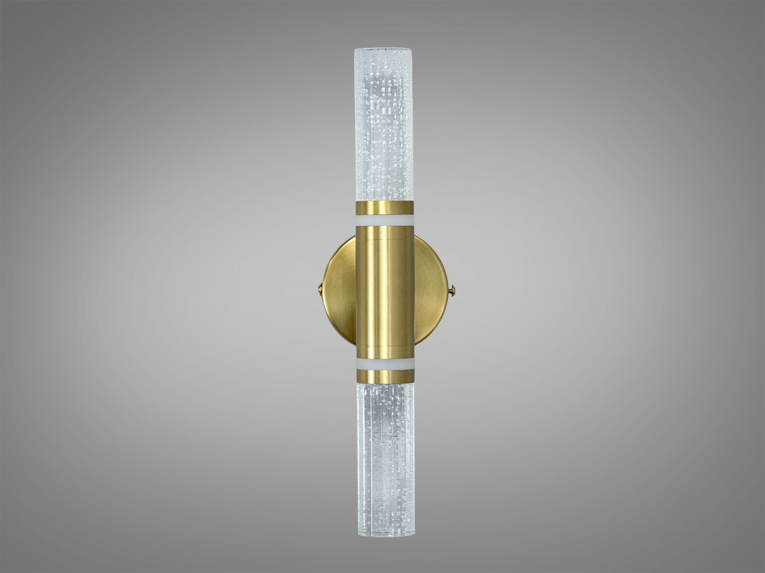 Настінний світильник із двома акриловими циліндрами, наповненими бульбашками. Золотистий металевий тримач. Підходить для спальні або коридору.