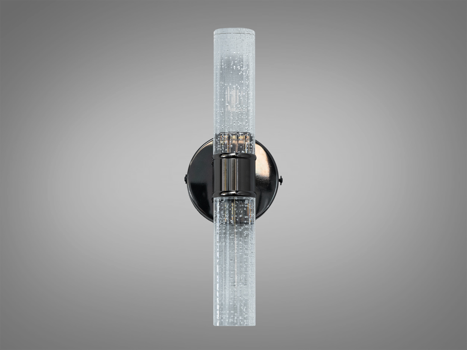 Вертикальний настінний світильник з циліндричним плафоном і бульбашками всередині. Чорна кругла основа. Підходить для коридорів.