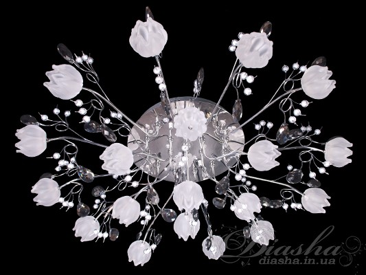 У наш час можна легко домогтися ідеального освітлення, поєднавши в одному світильнику високу якість галогенових ламп з оригінальністю світлодіодного підсвічування. Представлена ​​тут люстра стане справжньою прикрасою Вашої квартири, додасть святкові нотки, наповнитьїї затишком і романтикою. Діодні світильники гармонійні в будь-якій обстановці, як у житловому приміщенні, так і в кафе, ресторані, готелі і навіть офісі. Неповторні кольори діодів, легкість і витонченість нового дизайну справлять на Вас незабутнє враження.
Діодне підсвічування в галогенових люстрах має наступні режими: перелив - плавний перехід синій-рожевий-червоний-рожевий-синій, зміна кольорів - синій-рожевий-червоний горять за вибором від 1 до 5 секунд, а також зупинений колір. Все управління світлодіодами проводиться за допомогою однієї кнопки на пульті.
Також, на Ваш розсуд, виконання металевих частин можливо в золоті або хромі.