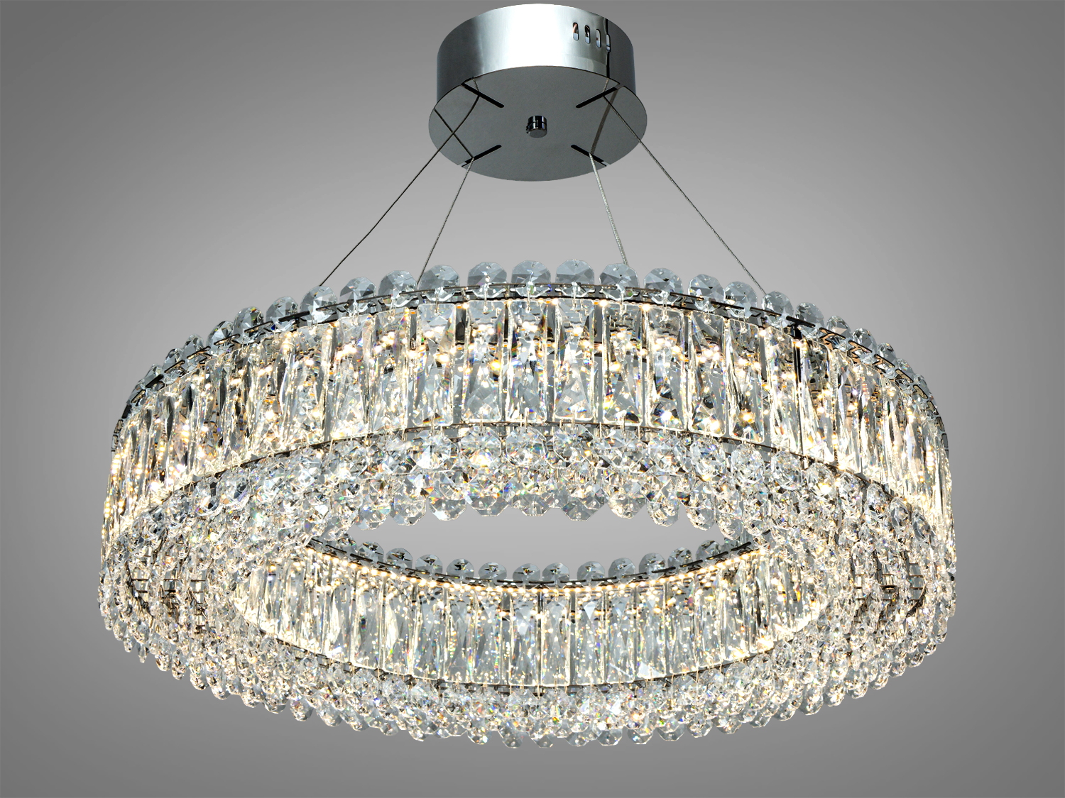 Кругла підвісна кришталева LED-люстра в хромі 55 Вт, 3025 лм. Три режими 3200/4100/6500К з перемиканням від настінного вимикача. Рекомендована площа освітлення до ≈10 м².