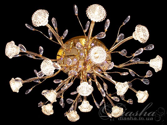 У відповідь на велику увагу, проявлену вітчизняними покупцями до світлодіодних люстрам, нами прийнято рішення випустити галогенові люстри з таким же дизайном, як світлодіодні. Тепер люстри даної серії ще доступнішим. Нові світильники з діодним підсвічуванням подарують вам незабутні відчуття щастя і свята. Діодні світильники модерн гармонійні в будь-якому інтер'єрі, будь то спальня або вітальня, офіс або елітний ресторан. Витонченість, оригінальність, дивовижні кольори діодів - ви залишитеся задоволені.
Діодне підсвічування в галогенових люстрах має наступні режими: перелив - плавний перехід синій -рожевий -червоний -рожевий -синій, зміна кольорів - синій -рожевий -червоний горять за вибором від 1 до 5 секунд, а також зупинений колір. Все управління світлодіодами проводиться за допомогою однієї кнопки на пульті.
Увага, у зв'язку з великою вагою плафонів , що використовуються в цій серії, люстри укомплектовані акриловими підвісками.
Можливе виконання металевих частин у золотому і хромованому варіантах.