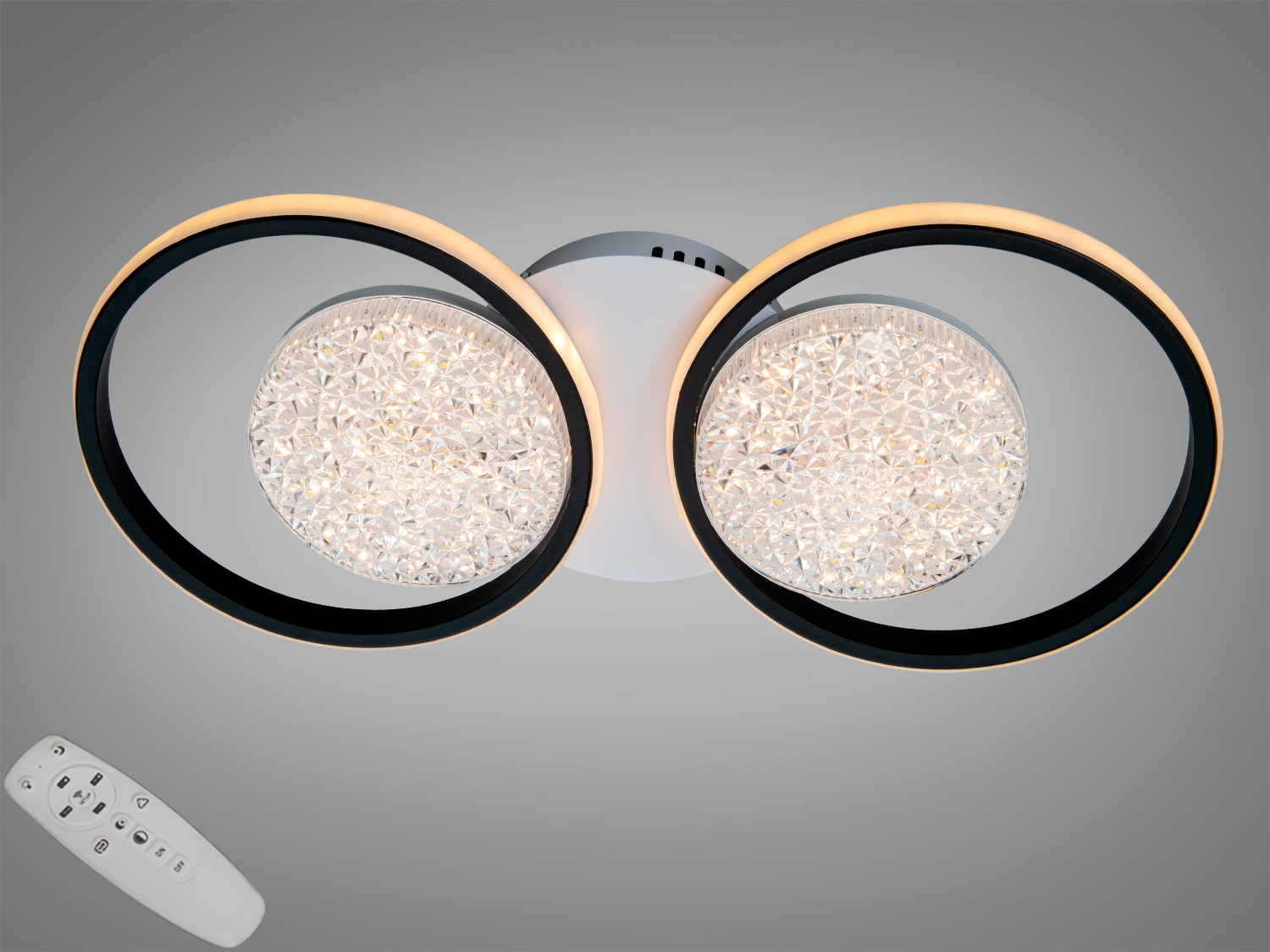 Стельова LED люстра кільця 2+2, 60 Вт, чорна. Пульт ДК, регулювання колірної температури та яскравості. Рекомендована для кімнат до 10 м².