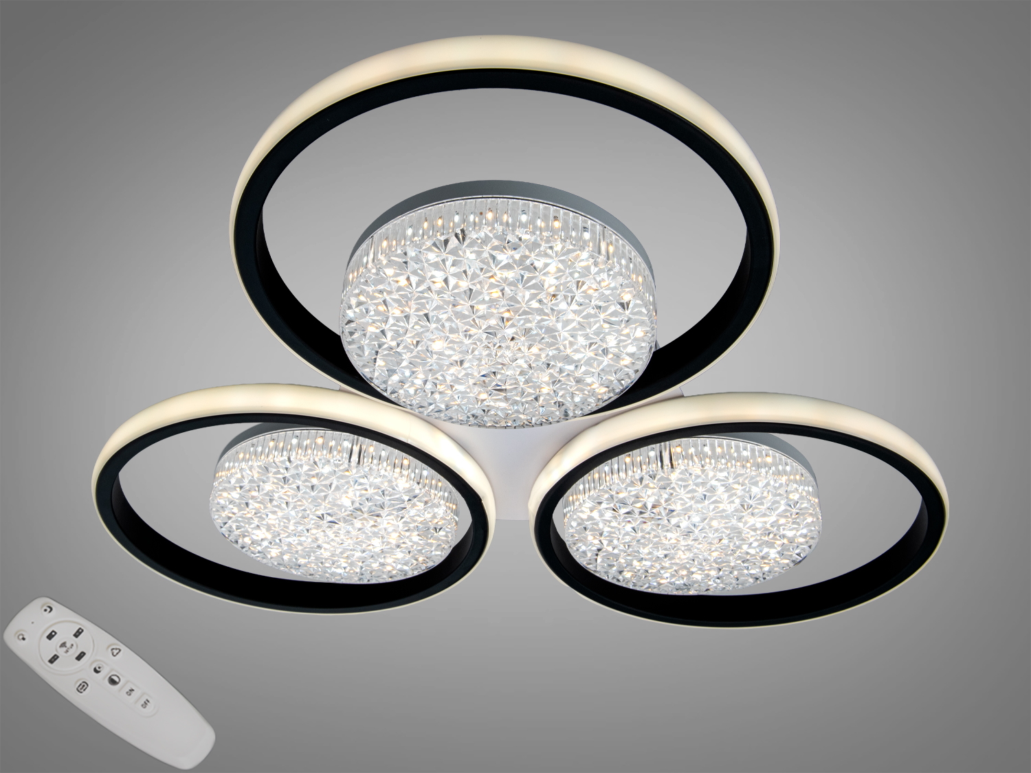 Світлодіодна стельова люстра Diasha, 81 Вт, чорний корпус із кристалічними акриловими кільцями. Пульт керування, регулювання яскравості та кольору, рекомендовано до 14 м².