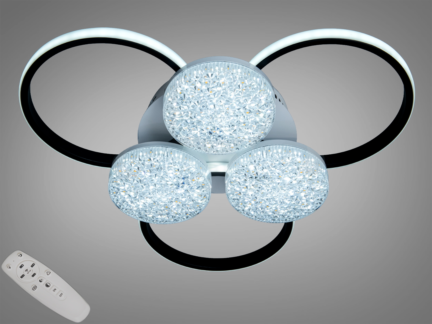 Стельова LED люстра Diasha 79 W у конфігурації 3+3 з пультом. Чорно-білий дизайн, акрилові розсіювачі, яскравість для кімнат близько 14 м².