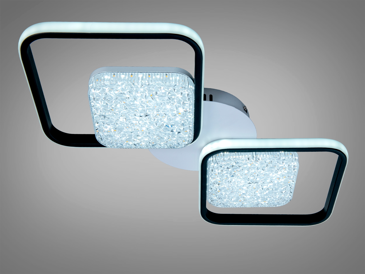 Стельовий світильник з двома квадратними рамками, що підсвічуються, з кришталевими елементами. Монтаж на стелю, сучасний дизайн.