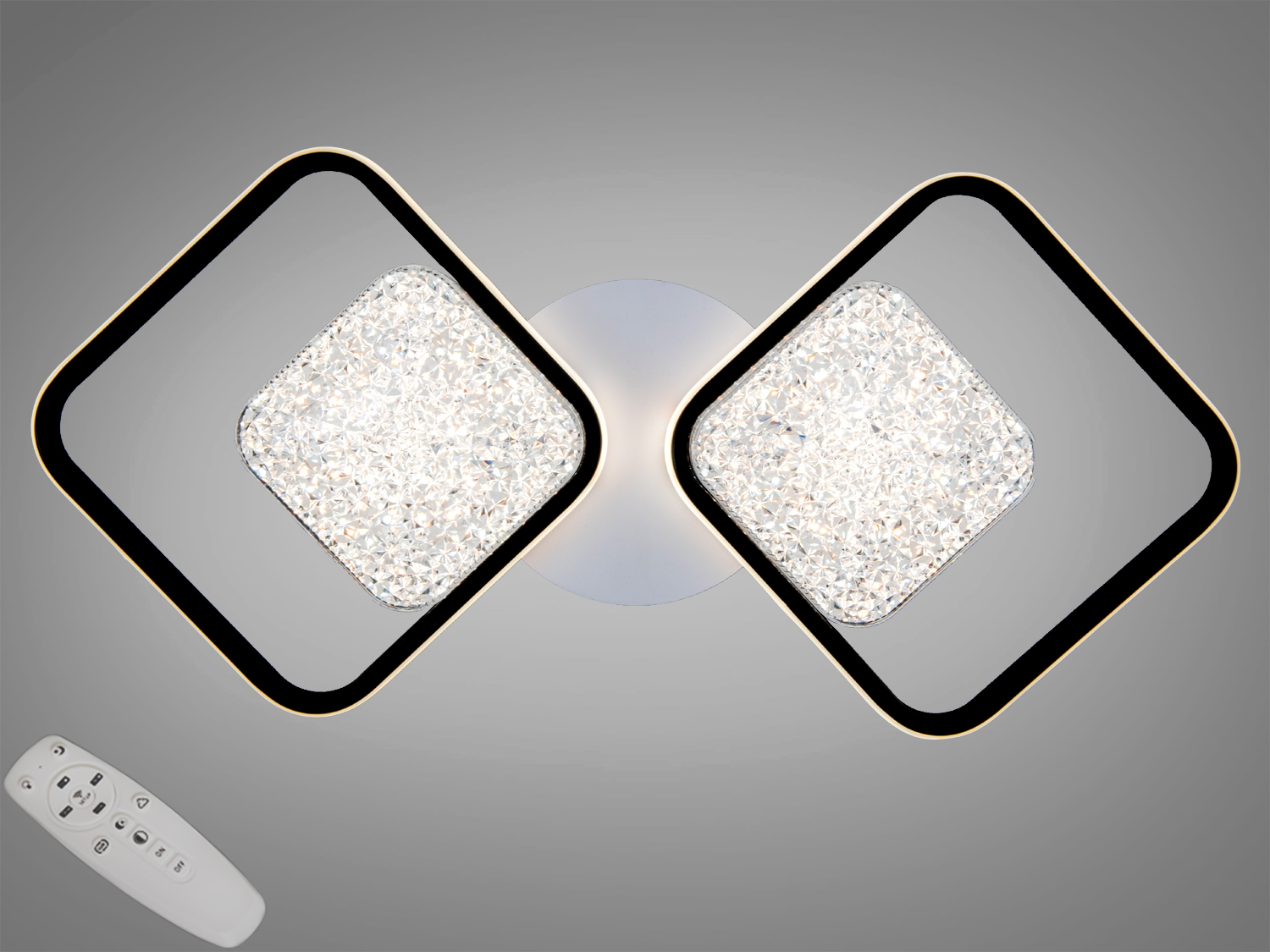 Стельова LED люстра, чорний 2x2, 70 Вт з пультом і регулюванням колірної температури. Підходить для кімнат до ~12 м², сучасний дизайн.