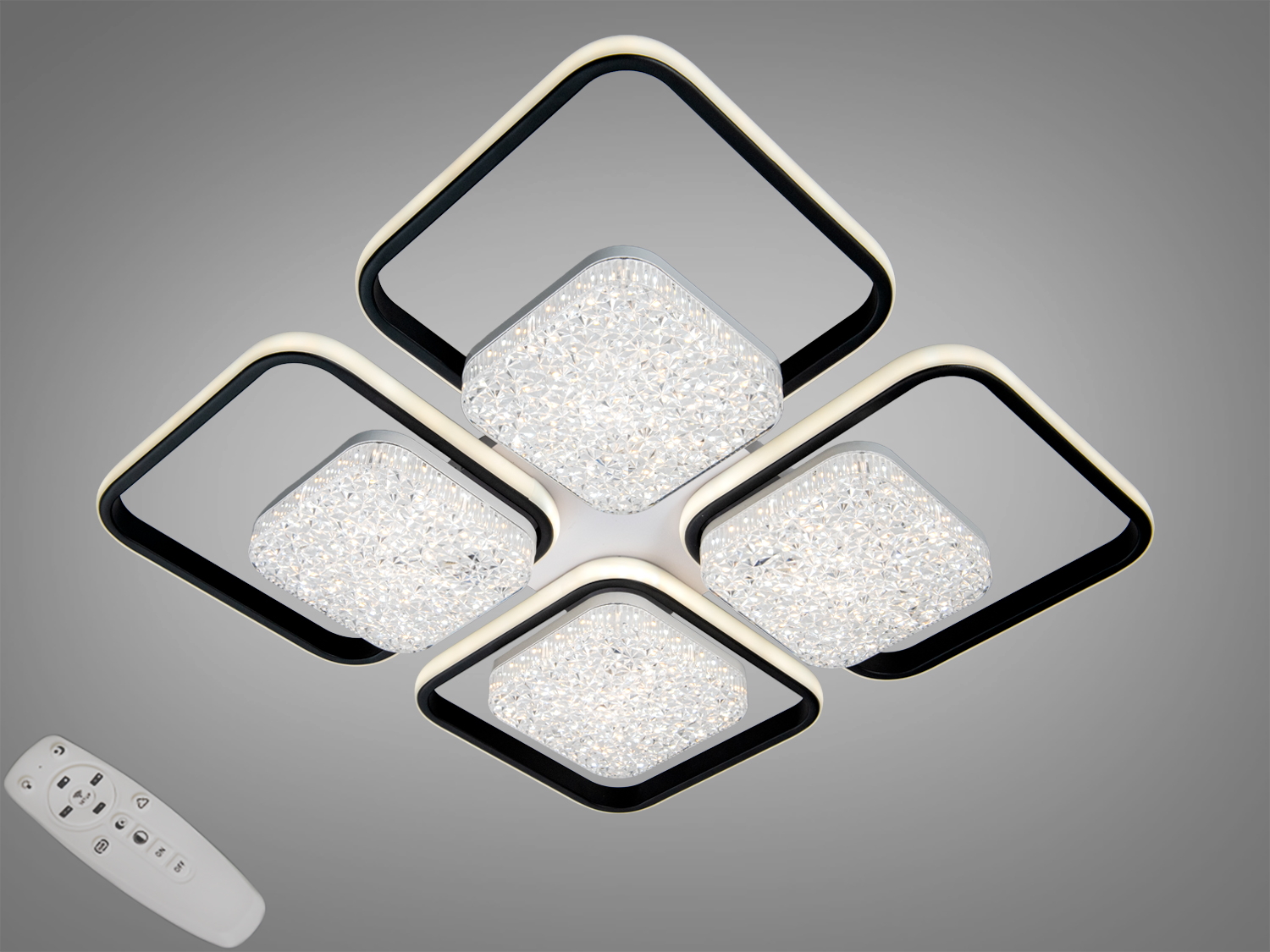 Стельова LED люстра чорна 4+4 модулі, 140 Вт, з пультом та регулюванням колірної температури. Для освітлення до 24 м² у сучасних інтер’єрах.