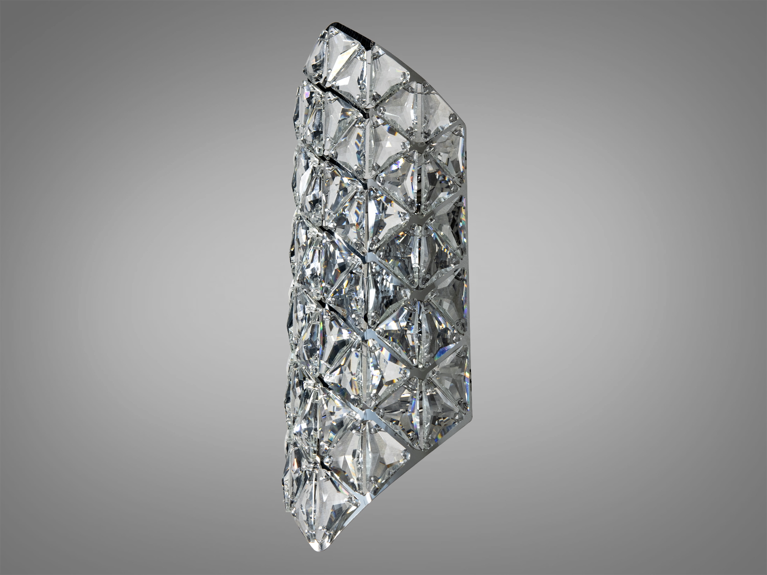 Кутовий вид настінного світильника з кристалами, що підкреслюють його геометричну форму. Ідеальний для спальні або коридору.