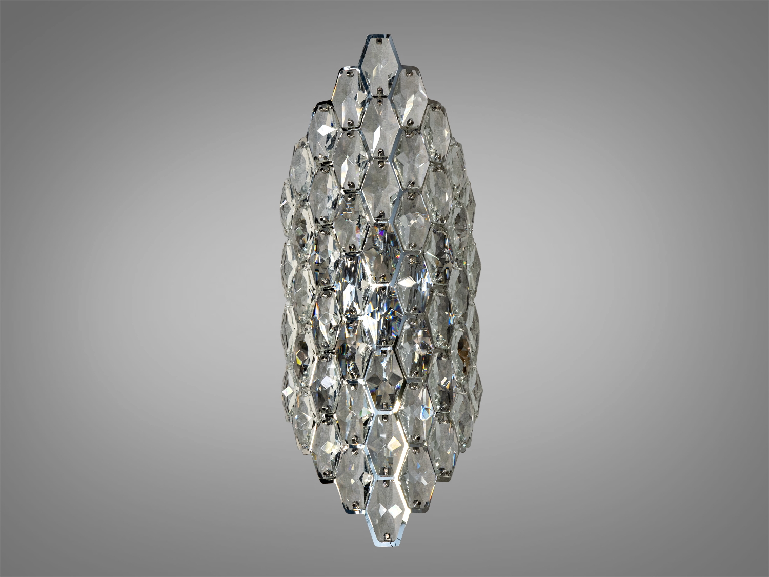 Світильник з багатогранними кришталевими деталями, що відбивають світло. Підходить для монтажу на стіну в вітальні або спальні.