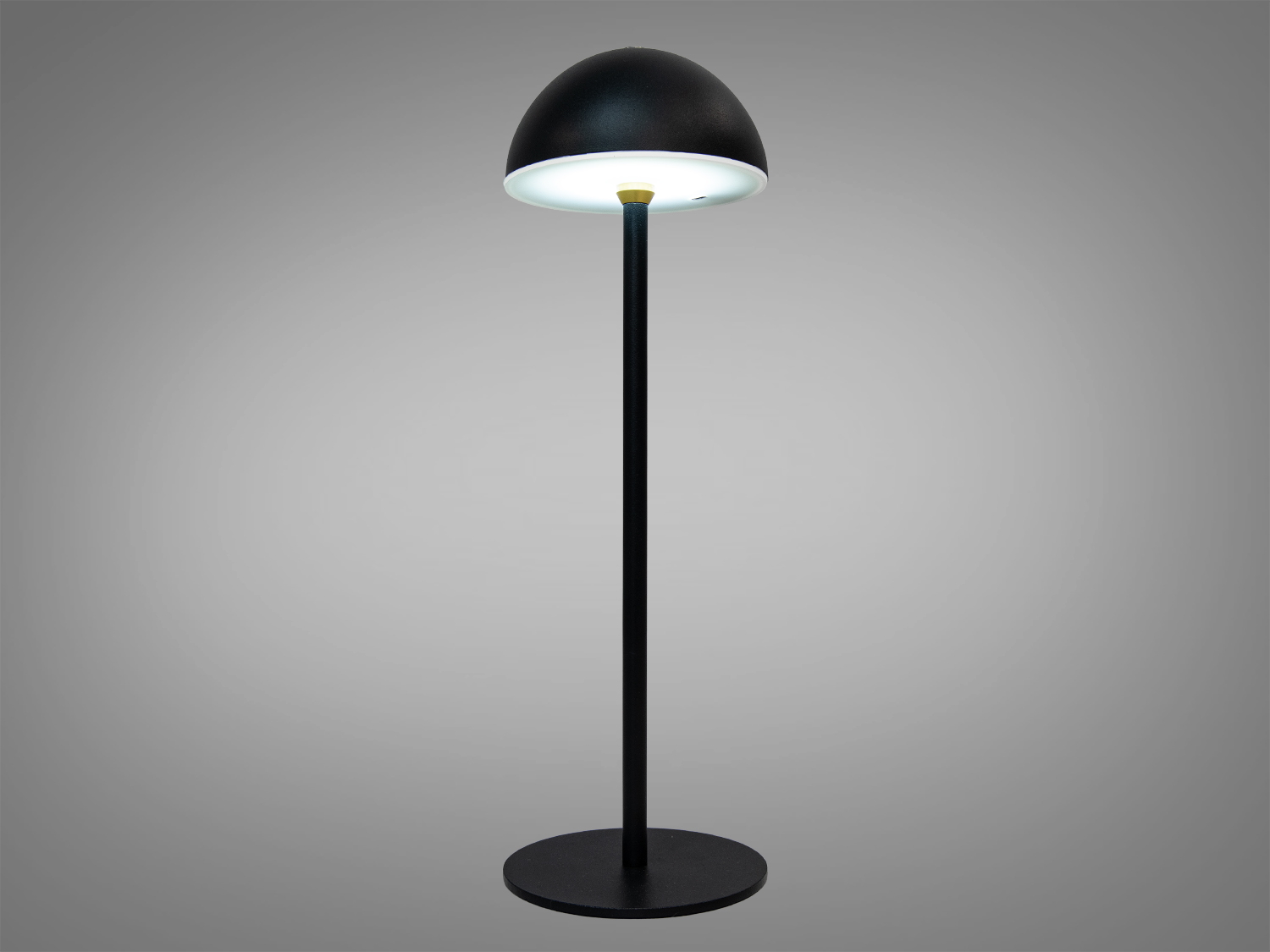 Чорний торшер з куполоподібним абажуром, що випромінює холодне світло. Ідеальний для офісного простору, додає стильний акцент.