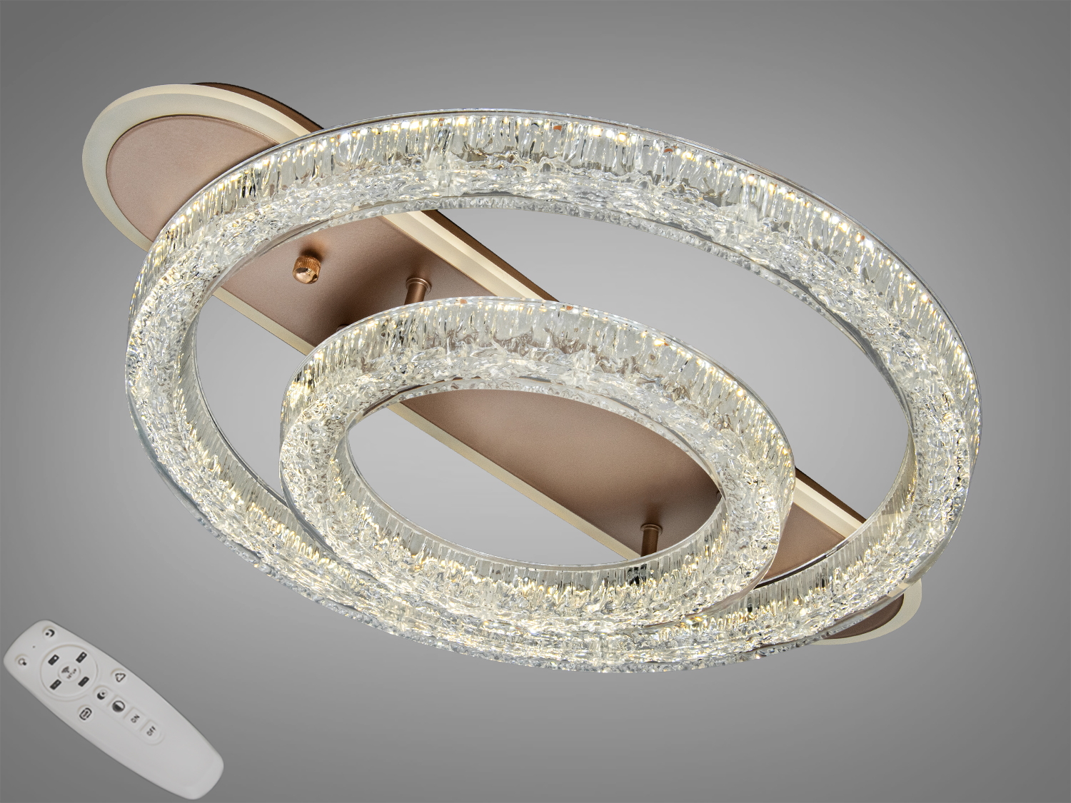 Стельова LED люстра Diasha 80 W у золоті з двома овальними кільцями та пультом. Орієнтовно для 14 м², режими теплого або холодного білого світла.