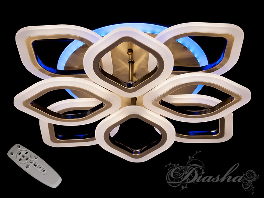 Перед Вами зовсім нове і незвичайне виконання плафонів, що обрамляють LED лампи. Така люстра запросто підійде під будь-який інтер'єр - класичний, сучасний і навіть в стилі &laquo;хай-тек&raquo;.
У комплекті з люстрою йде найсучасніший тип пульта з електронним диммером і регулятором кольору. З пульта можна включити один з попередньо встановлених режимів освітлення - тепле світло, холодне світло, нейтральний; включити синю підсвітку або режим 