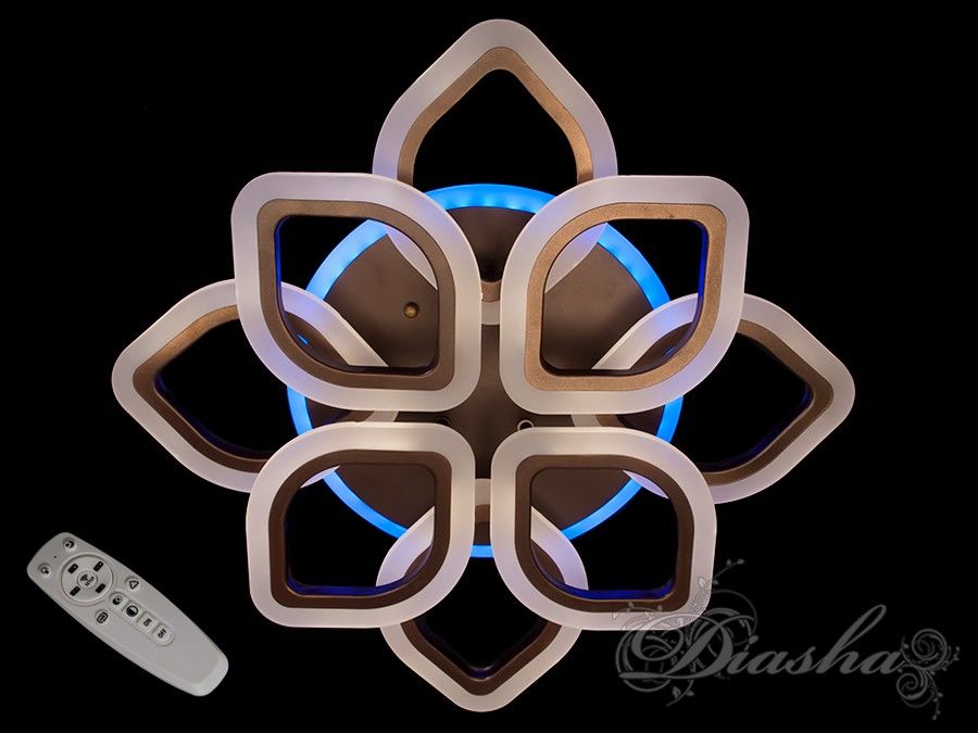 Перед Вами зовсім нове і незвичайне виконання плафонів, що обрамляють LED лампи. Така люстра запросто підійде під будь-який інтер'єр - класичний, сучасний і навіть в стилі &laquo;хай-тек&raquo;.
У комплекті з люстрою йде найсучасніший тип пульта з електронним диммером і регулятором кольору. З пульта можна включити один з попередньо встановлених режимів освітлення - тепле світло, холодне світло, нейтральний; включити синю підсвітку або режим 