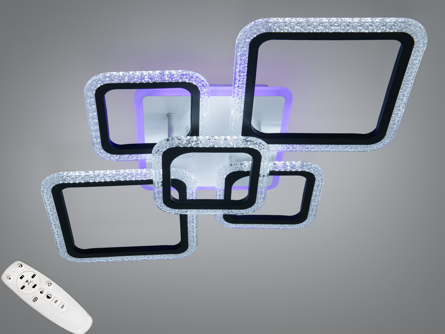 Стельова LED люстра 85 W, чорна, 5 модулів 2+3. Пульт, диммер і триколірна підсвітка для кімнат до 15 м² — зручно налаштовується під різні сценарії.