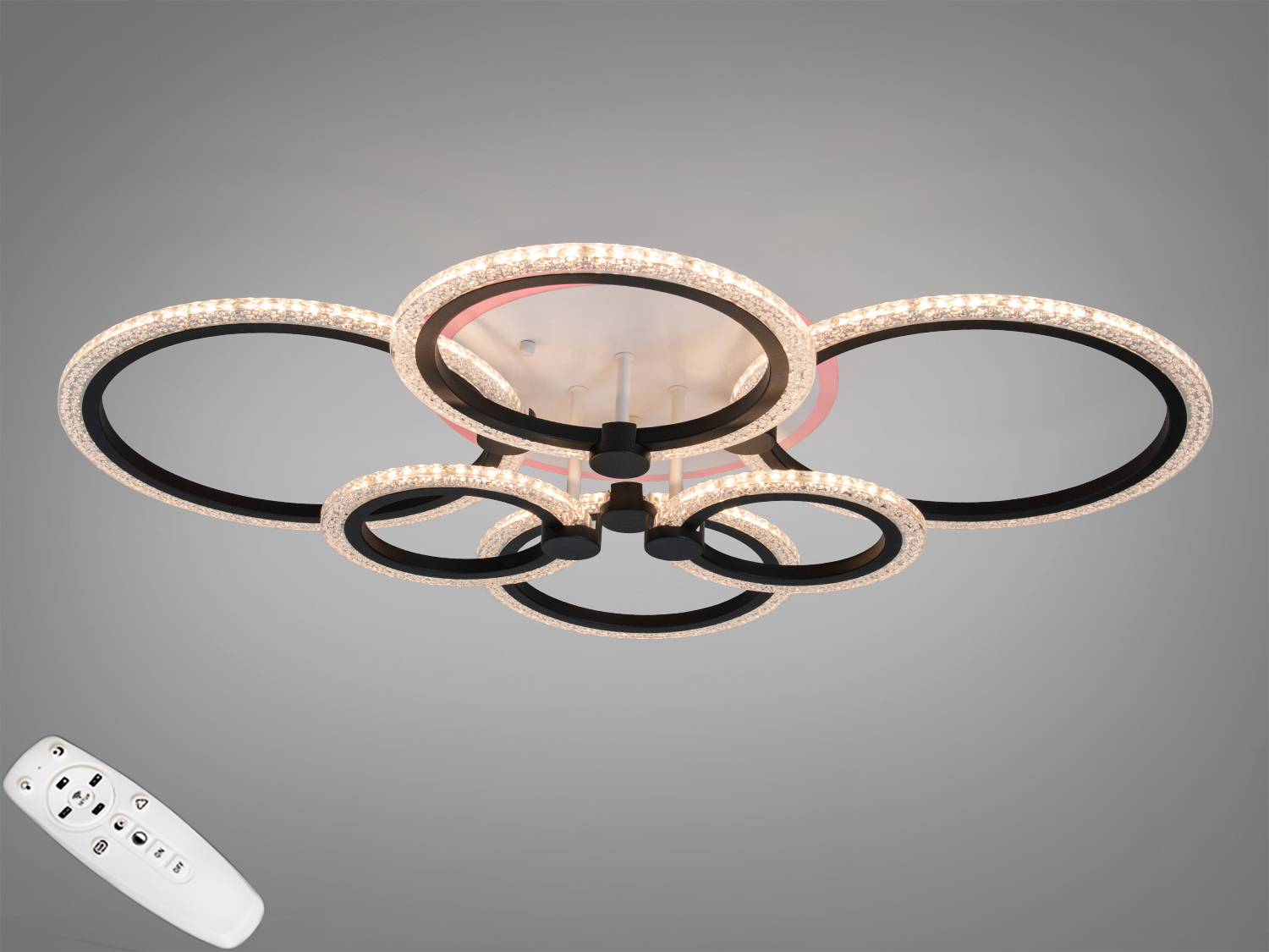 Стельова LED люстра Diasha: 6 кілець, 105 Вт, пульт і димер, триколірна підсвітка основи. Чорний колір. Орієнтовно для кімнат до 18 м².