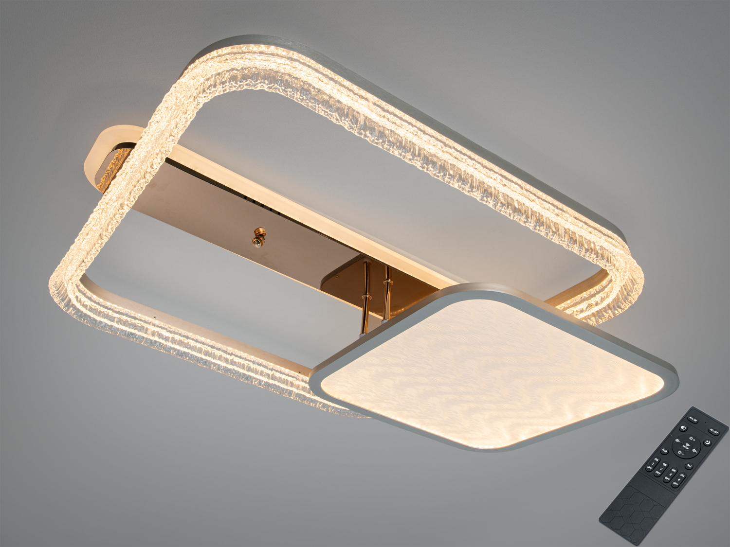 Стельова LED-люстра 115 Вт у кольорі золото. Два прямокутники з акриловим розсіювачем, пульт ДК і стінний вимикач, 3 режими 3200/4100/6500К. Для кімнат до 20 м².